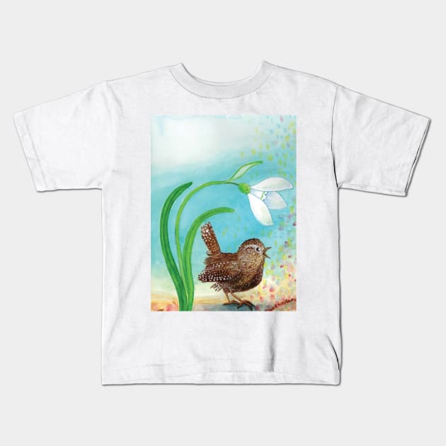 Wren Bird and Snowdrop Sing In the Spring Illustration Kids T-Shirt by Julia Doria Illustration